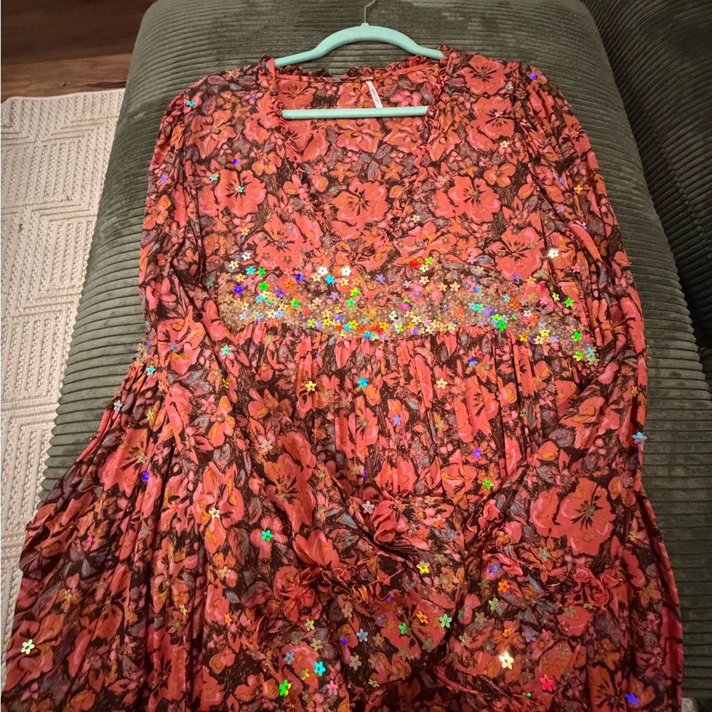 Free People Floral Long Sleeve Dress - Red and Orange